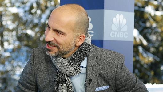 Dara Khosrowshahi, CEO of Uber speaking at the 2018 WEF in Davos, Switzerland on Jan. 23rd, 2018.
