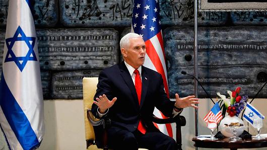 US Vice President Mike Pence speaks during a meeting with the Israeli President at the presidential compound in Jerusalem on January 23, 2018.