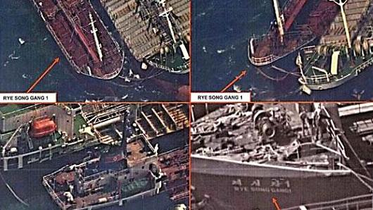 A combination of photos, released by the U.S. Department of the Treasury's Office of Foreign Assets Control (OFAC), show what they describe as an attempt by North Korean ship Rye Song Gang 1 to conduct a ship-to-ship transfer, possibly of oil, in an effort to evade sanctions on October 19, 2017, in this pictures released in Washington, DC, U.S. on November 21, 2017.