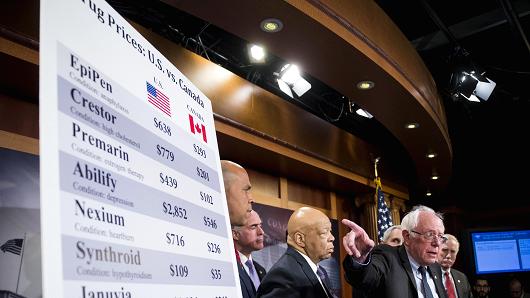 Sen. Bernie Sanders, I-Vt., flanked by Sen. Cory Booker, D-N.J., Sen. Bob Casey, Jr., D-Pa., Rep. Elijah Cummings, D-Md., Rep. Lloyd Doggett, D-Texas, and Sen. Angus King, I-Maine, speaks during a news conference on legislation that will allow for drug importation while maintaining important safety standards on Tuesday, Feb. 28, 2017.