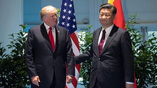 US President Donald Trump and Chinese President Xi Jinping (R) arrive prior to a meeting on the sidelines of the G20 Summit in Hamburg, Germany, July 8, 2017.