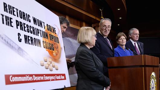 Senators Joe Manchin (D-WV), Patty Murray (D-WA), Chuck Schumer (D-NY), Jeanne Shaheen (D-NH) and Ed Markey (D-MA) attend a press conference at the U.S Capitol on February 11, 2016 in Washington, DC. The senators are calling on senate Republicans to support the passage of emergency funding to tackle the prescription opioid and heroin crisis.