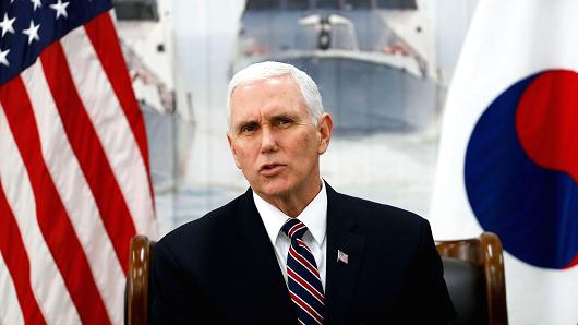 Vice President Mike Pence(L) talks at the meeting with Fred Warmbier, the father of Otto warmbier who was imprisoned in North Korea for 17 months and North Korean defectors at the meeting room in the South Korean Navy 2nd Fleet Commnad on February 9, 2018 in Pyeongtaek, South Korea.