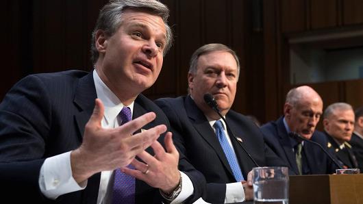 FBI Director Christopher Wray (L) and CIA Director Mike Pompeo (2nd L) testify on worldwide threats during a Senate Intelligence Committee hearing on Capitol Hill in Washington, DC, February 13, 2018.