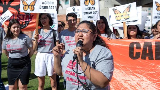 A DACA recipient who was brought to the U.S. when she was 4-years-old, speaks during a rally in support of a permanent legislative solution for immigrants in Los Angeles, California, February 3, 2018.