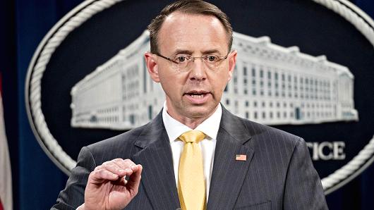 Rod Rosenstein, deputy attorney general, speaks during a news conference at the Department of Justice in Washington, D.C., U.S., on Friday, Feb. 16, 2018.