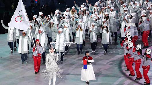 Olympic Athletes from Russia take part in the Parade of Nations at the opening ceremony of the PyeongChang 2018 Winter Olympic Games at Pyeongchang Olympic Stadium.