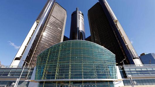 The General Motors Global Headquarters shown on June 6, 2017 in Detroit, Michigan.