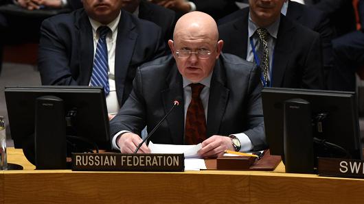 Russian Ambassador to the United Nations Vassily Nebenzia addresses the assembly during a UN Security Council meeting February 22, 2018 on the violence engulfing the Syrian rebel-held enclave of Eastern Ghouta.