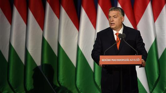 Hungarian Prime Minister and Chairman of FIDESZ party Viktor Orban delivers his state of the nation address in front of his party members and sypathizers at Varkert Bazar cultural center of Budapest on February 18, 2018.