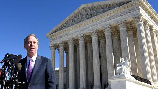 Brad Smith, President and Chief Legal Officer of Microsoft in front of the Supreme Court in Washington, DC, on February 27, 2018.