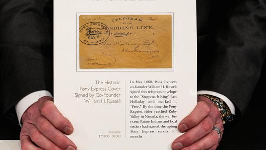 The historic Pony Express cover signed by co-founder William H. Russell estimated to fetch between $75,000 and $100,000 at auction.