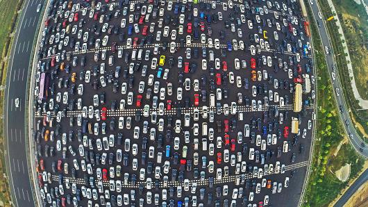 Cars at the end of National Day Holiday on October 6, 2015 in Beijing, China.