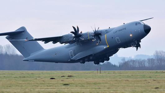 An Airbus A400M military aircraft with army personnel onboard takes off from the German army Bundeswehr airbase in Jagel, northern Germany.