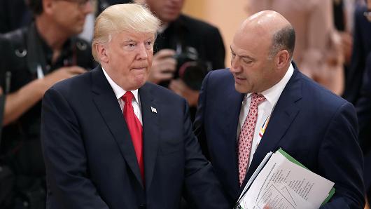White House chief economic adviser Gary Cohn, right, talks to President Donald Trump, left, prior to a working session at the G-20 summit in Hamburg, Germany, July 8, 2017.
