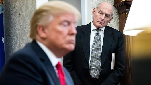 White House Chief of Staff John Kelly watches as President Donald Trump speaks during a meeting with North Korean defectors in the Oval Office at the White House in Washington, DC on Friday, Feb. 02, 2018.