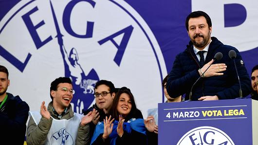 Matteo Salvini leader of Lega Nord party speaks during the Lega Nord demonstration in Piazza Duomo on February 24, 2018 in Milan, Italy.