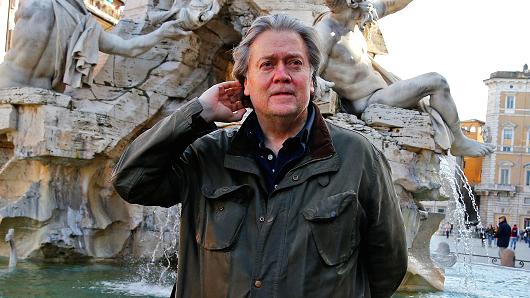 President Donald Trump's former chief strategist, Steve Bannon, poses at Piazza Navona in Rome, March 2, 2018.