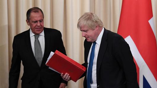 British Foreign Secretary Boris Johnson and Russian counterpart Sergei Lavrov during a press conference after their meeting on December 22, 2017 in Moscow, Russia.