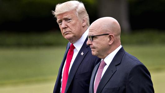 President Donald Trump, left, and H.R. McMaster, national security advisor, walk toward Marine One on the South Lawn of the White House in Washington, D.C., June 16, 2017.