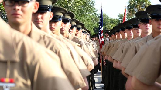 U.S. Marines during a graduation ceremony aboard Marine Corps Recruit Depot in Parris Island, S.C.