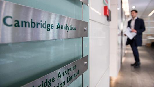 Signs for company Cambridge Analytica in the lobby of the building in which they are based on March 21, 2018 in London, England.