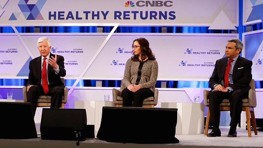 Bill George, Julie Grant and Faisal Mushtaq take part in a panel discussion on "What Will Amazon Do?" during the CNBC Healthy Returns conference in New York on March 28th, 2018.