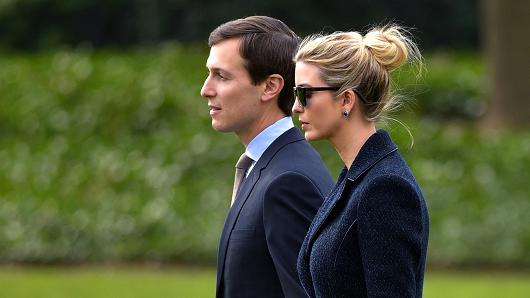 Senior Advisor to the President, Jared Kushner (L), walks with his wife Ivanka Trump to board Marine One at the White House in Washington, DC, on March 3, 2017.