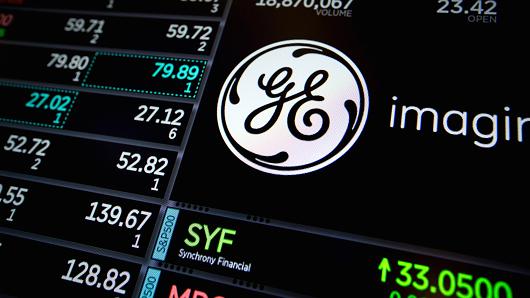 A monitor displays signage for General Electric Co. (GE) on the floor of the New York Stock Exchange (NYSE) in New York.