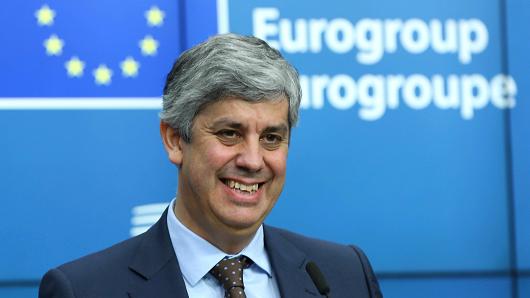 New Eurogroup President Portuguese Finance Minister Mario Centeno gestures during a press conference on his election as new Eurogroup chief at the European Council in Brussels, Belgium on December 4, 2017.