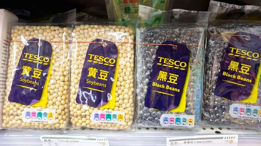 TESCO Soybean products sold in a Chinese supermarket, April 5, 2018.