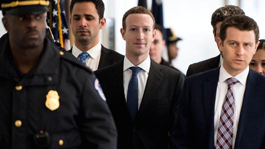 Facebook CEO Mark Zuckerberg arrives for his meeting with Sen. Bill Nelson, D-Fla., in the Hart Senate Office Building on Monday, April 9, 2018. Zuckerberg is on Capitol Hill to testify before the House and Senate this week.
