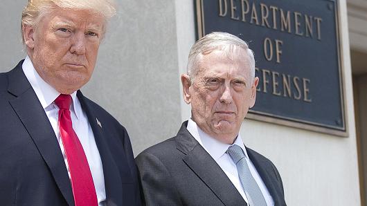 Secretary of Defense Jim Mattis and President Donald Trump are seen following a meeting at the Pentagon in Washington, D.C., July 20, 2017.