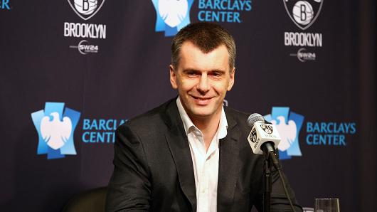 Majority Owner Mikhail Prokhorov of the Brooklyn Nets addresses the media during a press conference prior to a game between the Atlanta Hawks and the Brooklyn Nets on April 8, 2015 at Barclays Center in Brooklyn, NY.