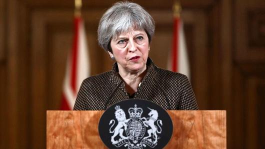 Britain's Prime Minister Theresa May attends a press conference in 10 Downing Street, London, April 14, 2018.