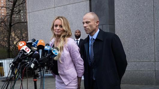 Adult film actress Stormy Daniels (Stephanie Clifford) and Michael Avenatti, attorney for Stormy Daniels, speak to the media after a hearing related to Michael Cohen.