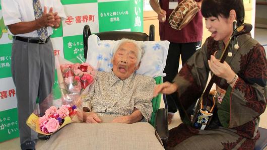 117-year-old Nabi Tajima dance with music during the 'Respect-For-Aged' Day celebration at a special nursing home on September 18, 2017 in Kikai, Kagoshima, Japan. Tajima is now the world's oldest person after Violet Brown of Dominican Republic died three days ago. Tajima was born on August 4, 1900 in the same town, brought 7 sons and 2 daughters. There are more than 160 offsprings.