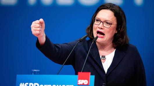 Andrea Nahles, new leader of the German Social Democrats (SPD), speaks at an SPD federal party congress on April 22, 2018 in Wiesbaden, Germany.