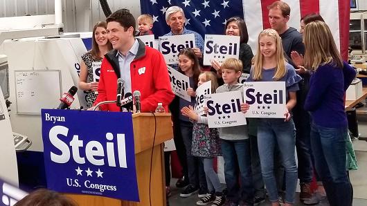 Attorney Bryan Steil, a former driver for House Speaker Paul Ryan, announces he is running to succeed Ryan in Congress, Sunday, April 22, 2018, in Janesville, Wis.