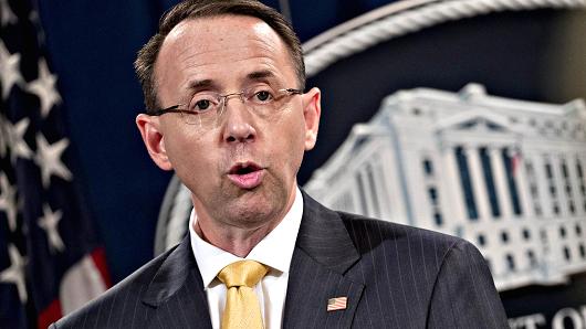 Rod Rosenstein, deputy attorney general, speaks during a news conference at the Department of Justice in Washington, D.C., on Friday, Feb. 16, 2018.