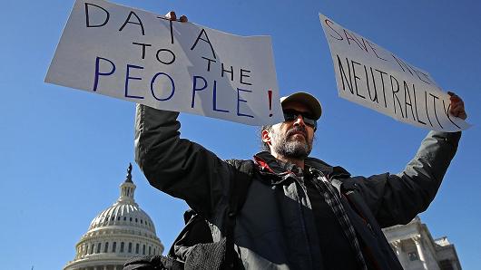 Demonstrator on the issue of net neutrality at the U.S. Capitol February 27, 2018 in Washington, DC.