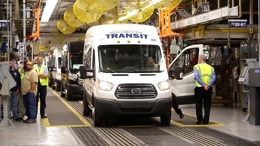 The first production Ford Transit commercial van waits on the assembly line to be unveiled at the Ford Kansas City Assembly Plant April 30, 2014, in Claycomo, Missouri.