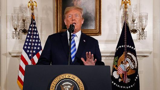 President Donald Trump announces his intention to withdraw from the JCPOA Iran nuclear agreement during a statement in the Diplomatic Room at the White House in Washington, U.S., May 8, 2018.