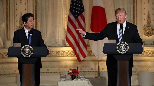 U.S. President Donald Trump and Japanese Prime Minister Shinzo Abe at Mar-a-Lago resort on April 18, 2018.