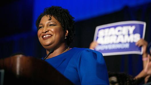 Georgia Democratic Gubernatorial candidate Stacey Abrams takes the stage to declare victory in the primary during an election night event on May 22, 2018 in Atlanta, Georgia.