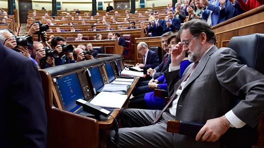 Spanish Prime Minister Mariano Rajoy attends a session at the Lower House of Parliament in Madrid on May 30, 2018, two days before the assembly will debate a no-confidence motion against his government.
