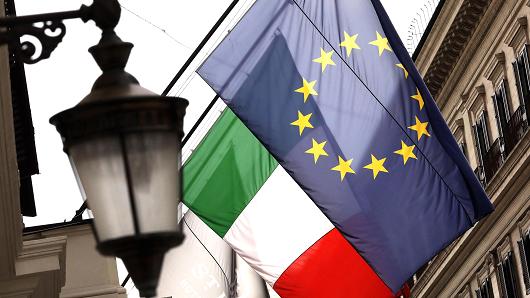 European Union (EU) and Italian national flag banners hang in central Rome on May 29, 2018 in Rome, Italy.