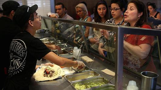 Chipotle restaurant workers fill orders for customers on April 27, 2015 in Miami.