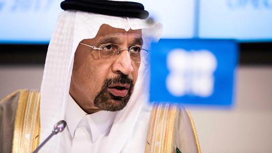 Khalid Bin Abdulaziz Al-Falih, Saudi Arabia's energy minister and president of OPEC, speaks during a news conference following the 172nd Organization of Petroleum Exporting Countries (OPEC) meeting in Vienna, Austria, on Thursday, May 25, 2017.