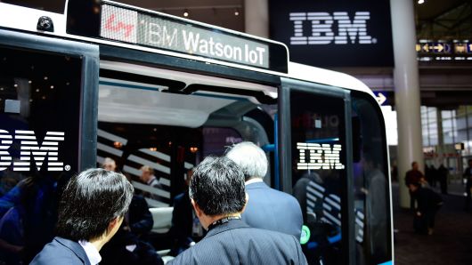 The bus 'Olli', an autonomous transportation system, is presented at the IBM stand at the CeBIT 2017 Technology Trade Fair in Hanover, Germany.